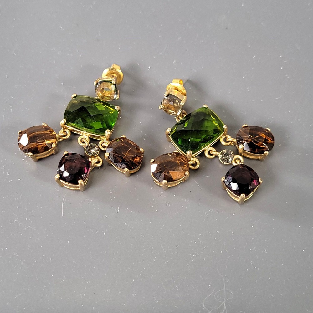 Gold Tone Multi Color Glass Chandelier Dangle Earrings Green Brown Purple